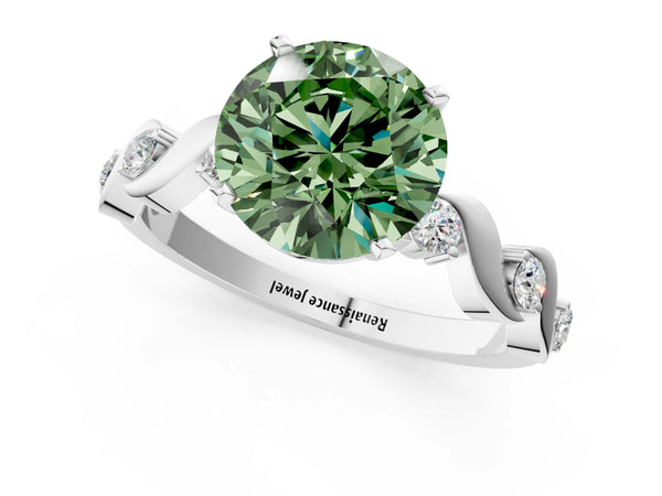 Platinum Fancy Green Round  Solitaire Twisted Band with Prong Setting