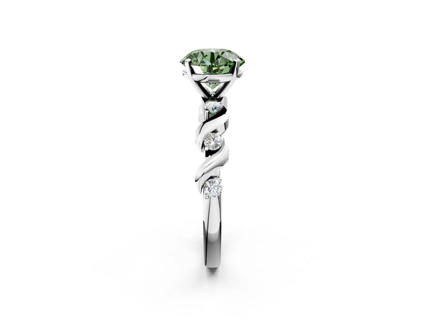 Platinum Fancy Green Round  Solitaire Twisted Band with Prong Setting