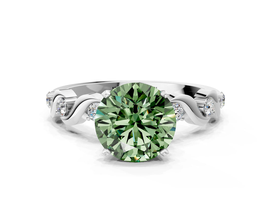 Platinum Fancy Green Round  Solitaire Twisted Band with Prong Setting