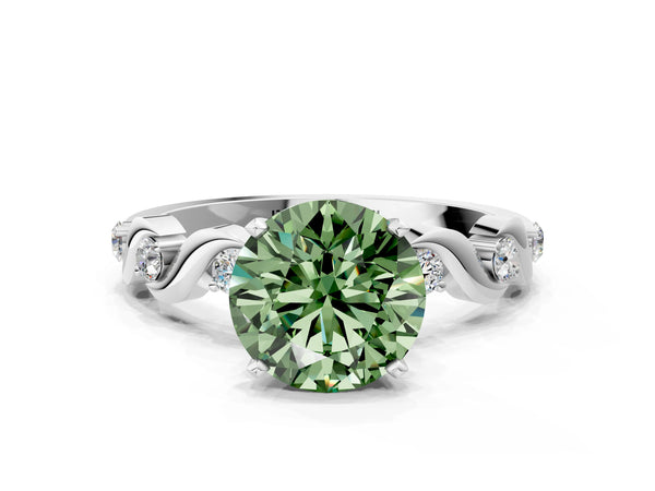 Platinum Fancy Green Round  Solitaire Twisted Band with Prong Setting