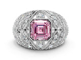 Platinum Fancy Pink Asscher Cut Brilliant Halo Pave Diamond Milgrain Ring_12