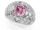 Platinum Fancy Pink Asscher Cut Brilliant Halo Pave Diamond Milgrain Ring_13