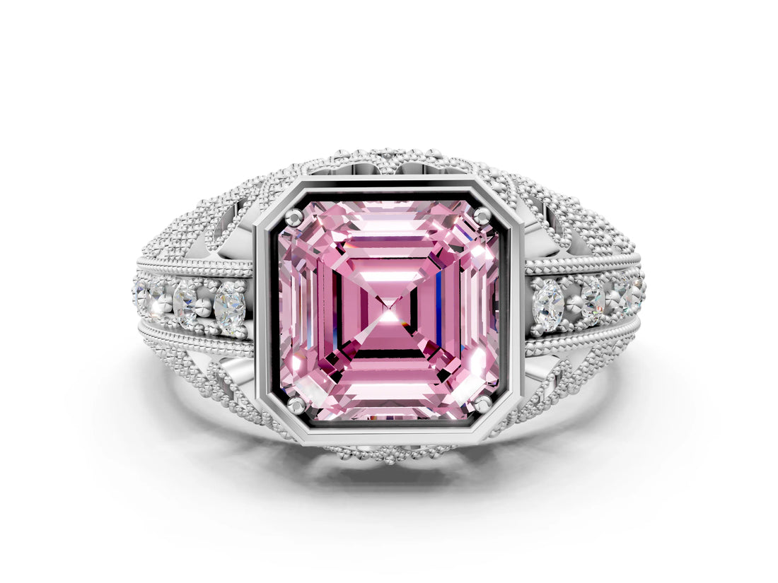 Platinum Fancy Pink Asscher Cut Brilliant Milgrain Filigree Diamond Ring with Square Prong Setting_30