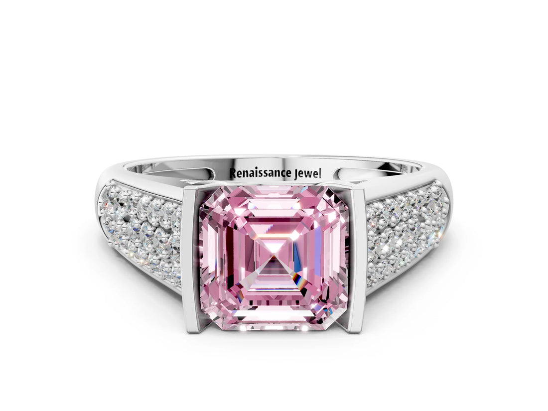 Platinum Fancy Pink Asscher Cut Cut Diamond Channel Set Pave Band with Tension Prong Setting_6