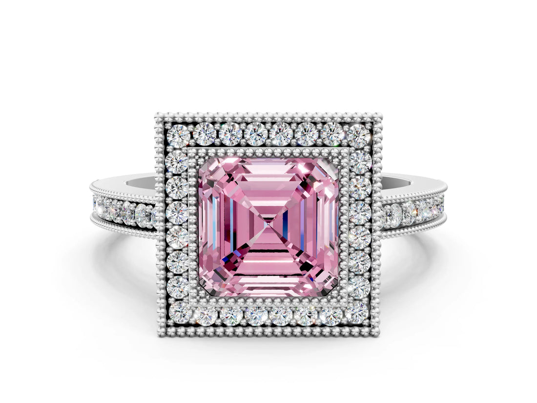 Platinum Fancy Pink Asscher Cut Cut Halo Pavé Diamond Ring_12