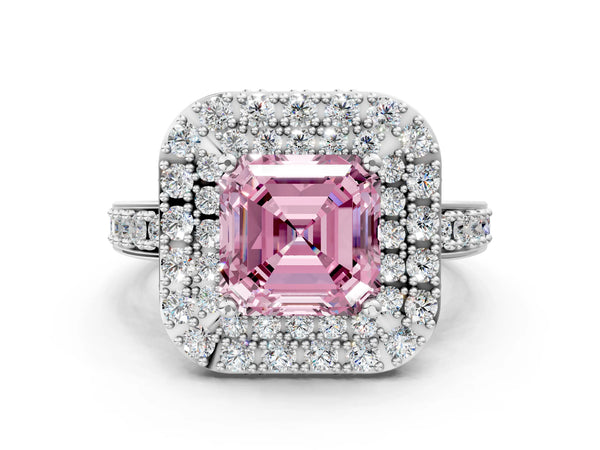 Platinum Fancy Pink Asscher Cut Diamond Double Halo Ring with Pavé Band and Four-Prong Setting