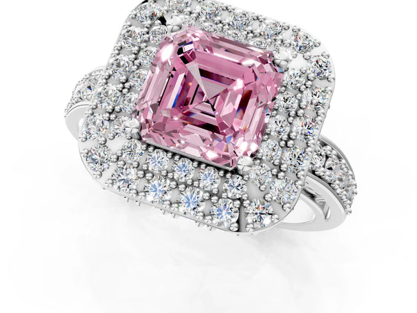 Platinum Fancy Pink Asscher Cut Diamond Double Halo Ring with Pavé Band and Four-Prong Setting