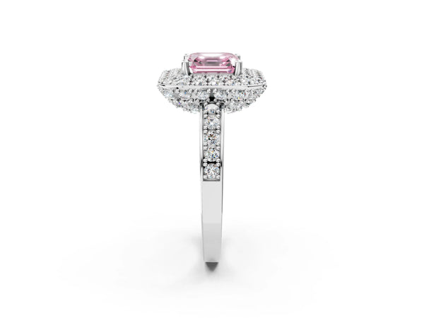 Platinum Fancy Pink Asscher Cut Diamond Double Halo Ring with Pavé Band and Four-Prong Setting