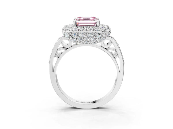 Platinum Fancy Pink Asscher Cut Diamond Double Halo Ring with Pavé Band and Four-Prong Setting