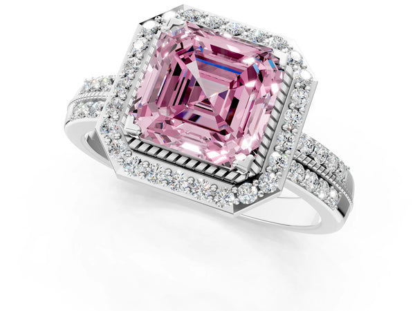 Platinum Fancy Pink Asscher Cut Diamond Double Halo Ring with Split Shank and Four-Prong Setting