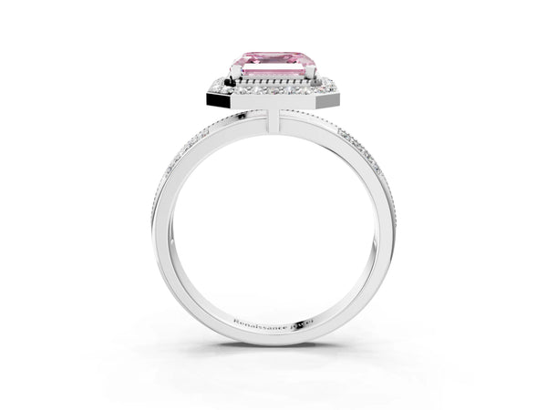 Platinum Fancy Pink Asscher Cut Diamond Double Halo Ring with Split Shank and Four-Prong Setting
