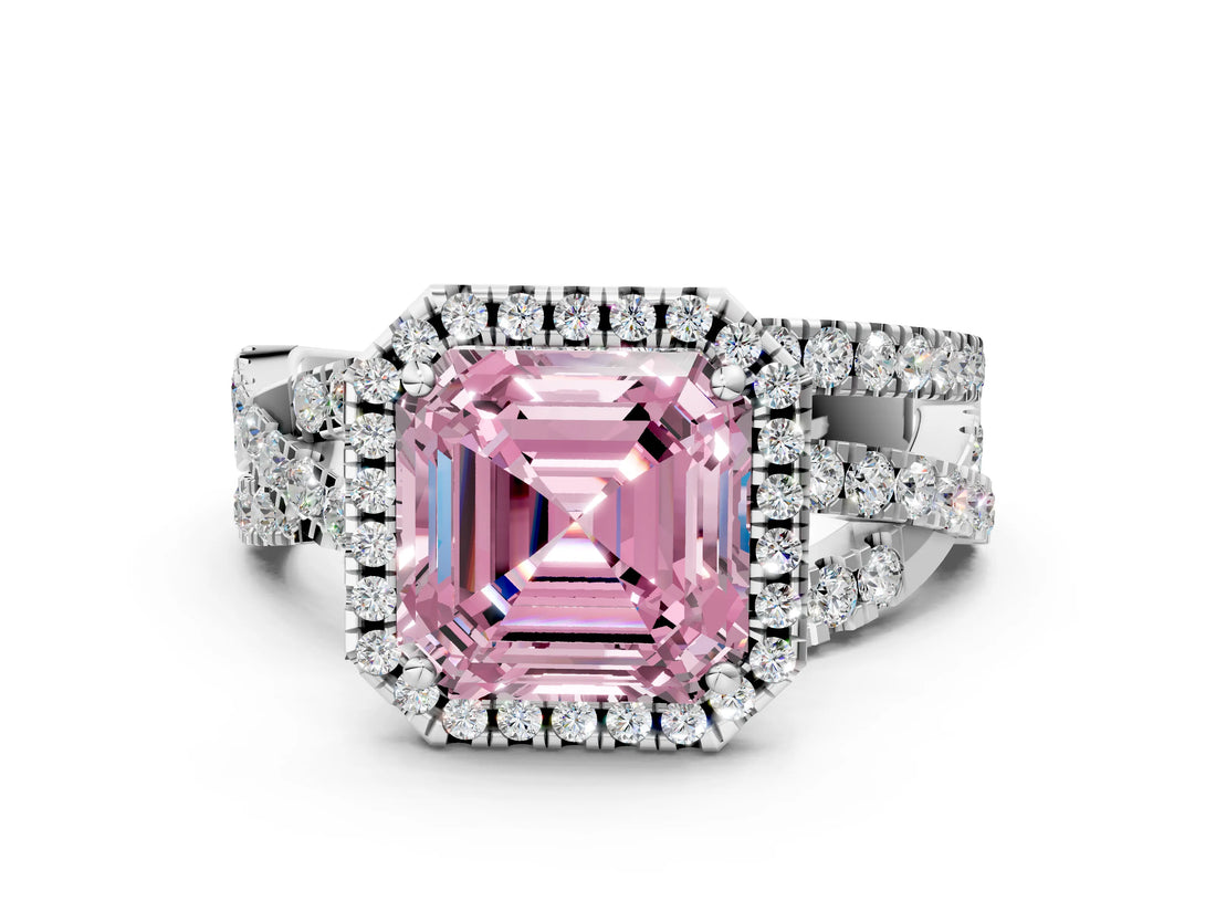 Platinum Fancy Pink Asscher Cut Diamond Halo Ring with Round Split Shank and Prong Setting