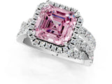 Platinum Fancy Pink Asscher Cut Diamond Halo Ring with Round Split Shank and Prong Setting_1