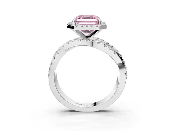 Platinum Asscher Cut Halo Twist Engagement Ring Setting for Fancy Pink Center