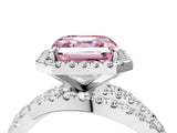 Platinum Fancy Pink Asscher Cut Diamond Halo Ring with Round Split Shank and Prong Setting_4