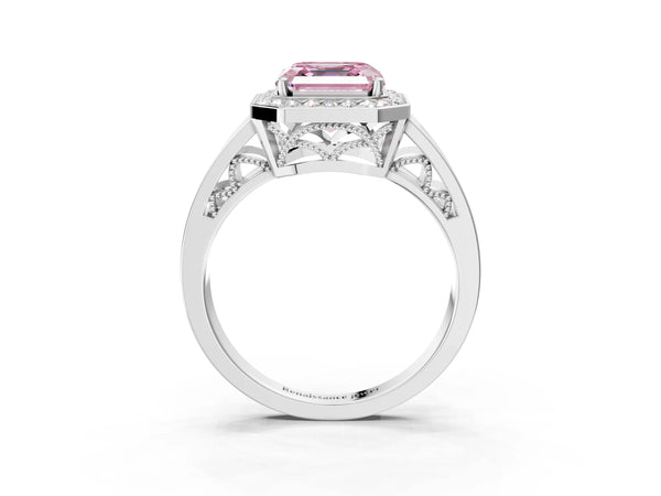 Platinum Asscher Cut Channel Set Halo Engagement Ring Setting for Fancy Pink Center