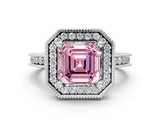 Platinum Fancy Pink Asscher Cut Diamond Milgrain Halo Engagement Ring with Round Pavé Band and Prong Setting_12