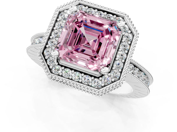 Platinum Asscher Cut Milgrain Hidden Halo Engagement Ring Setting for Fancy Pink Center