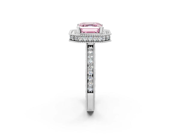 Platinum Asscher Cut Milgrain Hidden Halo Engagement Ring Setting for Fancy Pink Center