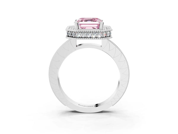 Platinum Asscher Cut Milgrain Hidden Halo Engagement Ring Setting for Fancy Pink Center
