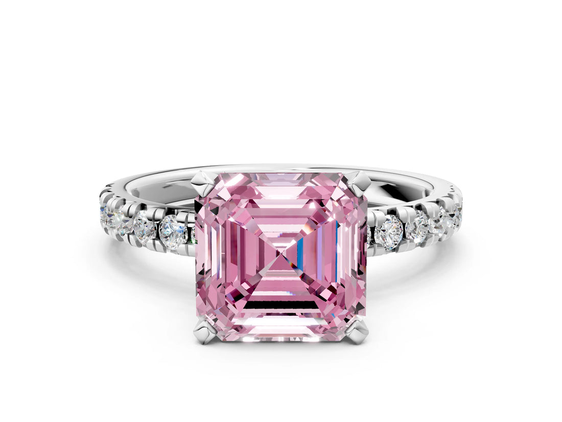 Platinum Fancy Pink Asscher Cut Diamond Solitaire Pavé Engagement Ring with Round Band and Prong Setting
