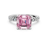 Platinum Fancy Pink Asscher Cut Diamond Solitaire Pavé Engagement Ring with Round Band and Prong Setting