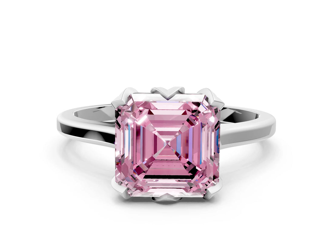 Platinum Fancy Pink Asscher Cut Diamond Solitaire Ring with Flower Prong Setting and Classic Band_12