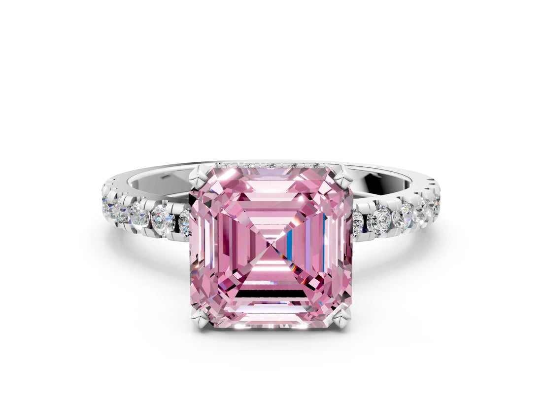 Platinum Fancy Pink Asscher Cut Diamond Solitaire Ring with Round  Pavé Band and Four-Prong Setting_36