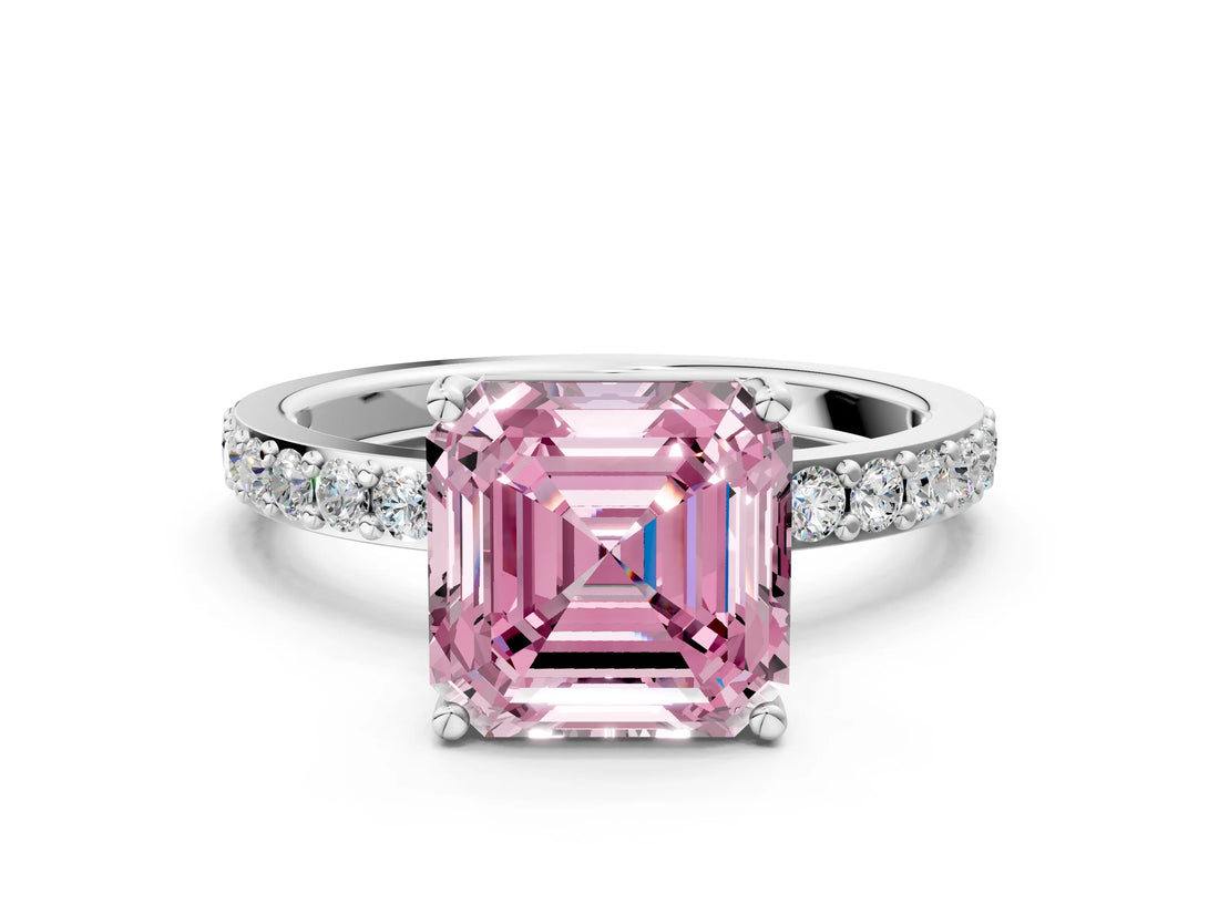 Platinum Fancy Pink Asscher  Cut Diamond Solitaire with Pave Band and Four-Prong Setting 1