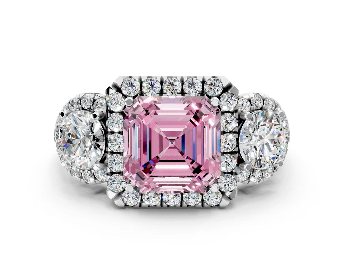 Platinum Fancy Pink Asscher Cut Diamond Three-Stone Halo Ring with Prong Setting and Pavé Accents_12