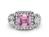 Platinum Fancy Pink Asscher Cut Diamond Three-Stone Halo Ring with Prong Setting and Pavé Accents_12