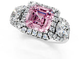 Platinum Fancy Pink Asscher Cut Diamond Three-Stone Halo Ring with Prong Setting and Pavé Accents_13