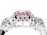 Platinum Fancy Pink Asscher Cut Diamond Three-Stone Halo Ring with Prong Setting and Pavé Accents_16