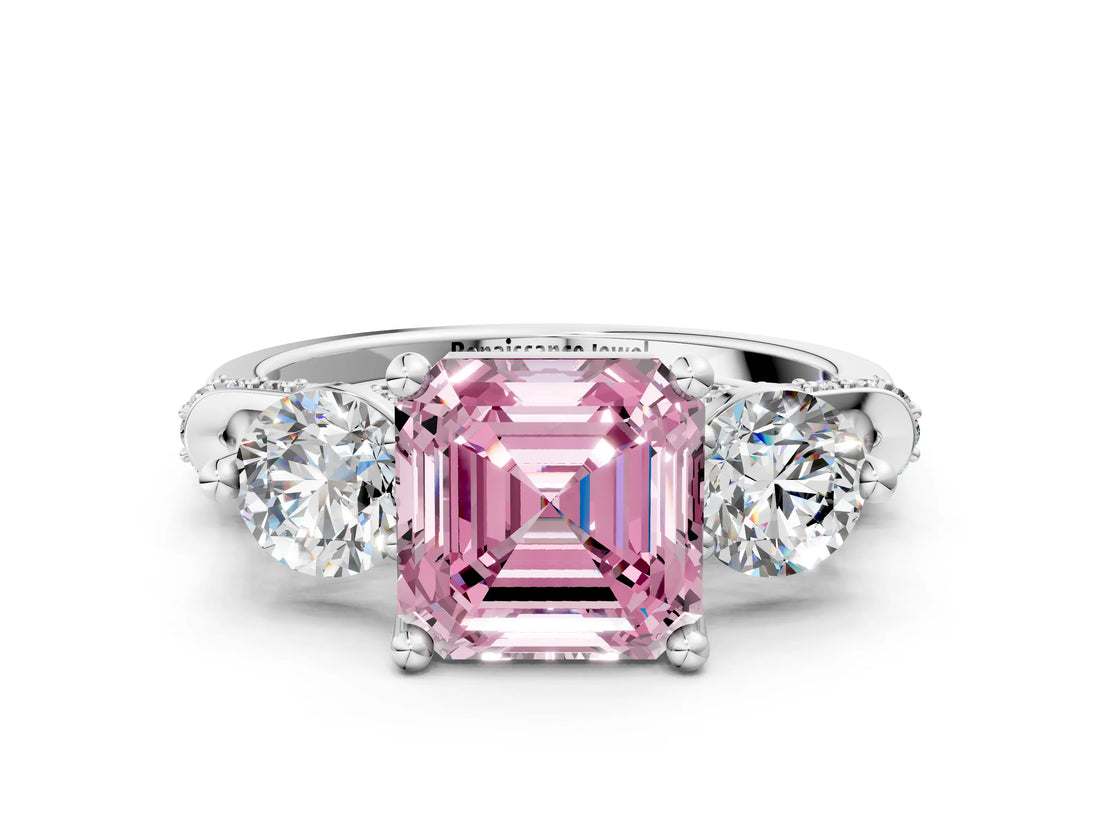 Platinum Fancy Pink Asscher Cut Diamond Three-Stone Ring with Prong Setting and Pavé Band_6