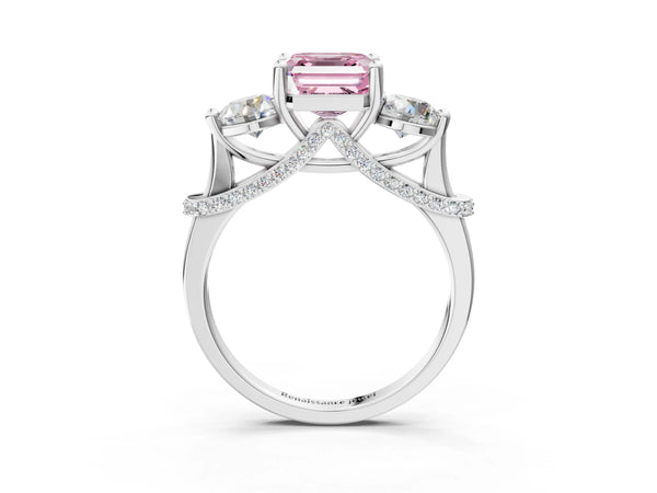 Platinum Asscher Cut Curved Pave Three Stone Engagement Ring Setting for Fancy Pink Center