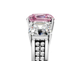 Platinum Fancy Pink Asscher Cut Diamond Three-Stone Ring with Prong Setting and Textured Band_53