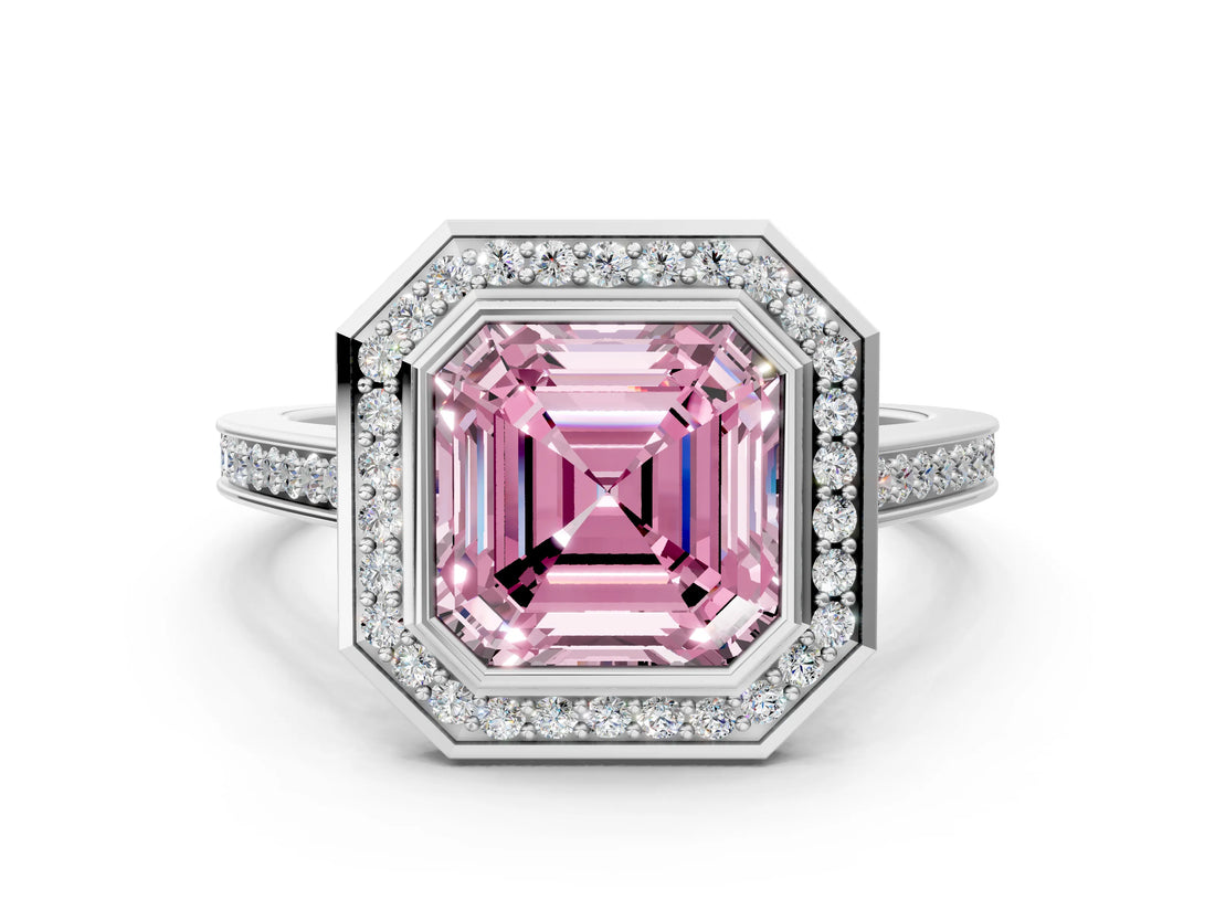 Platinum Fancy Pink Asscher Cut Halo Bezel Diamond Pave Band Ring_6