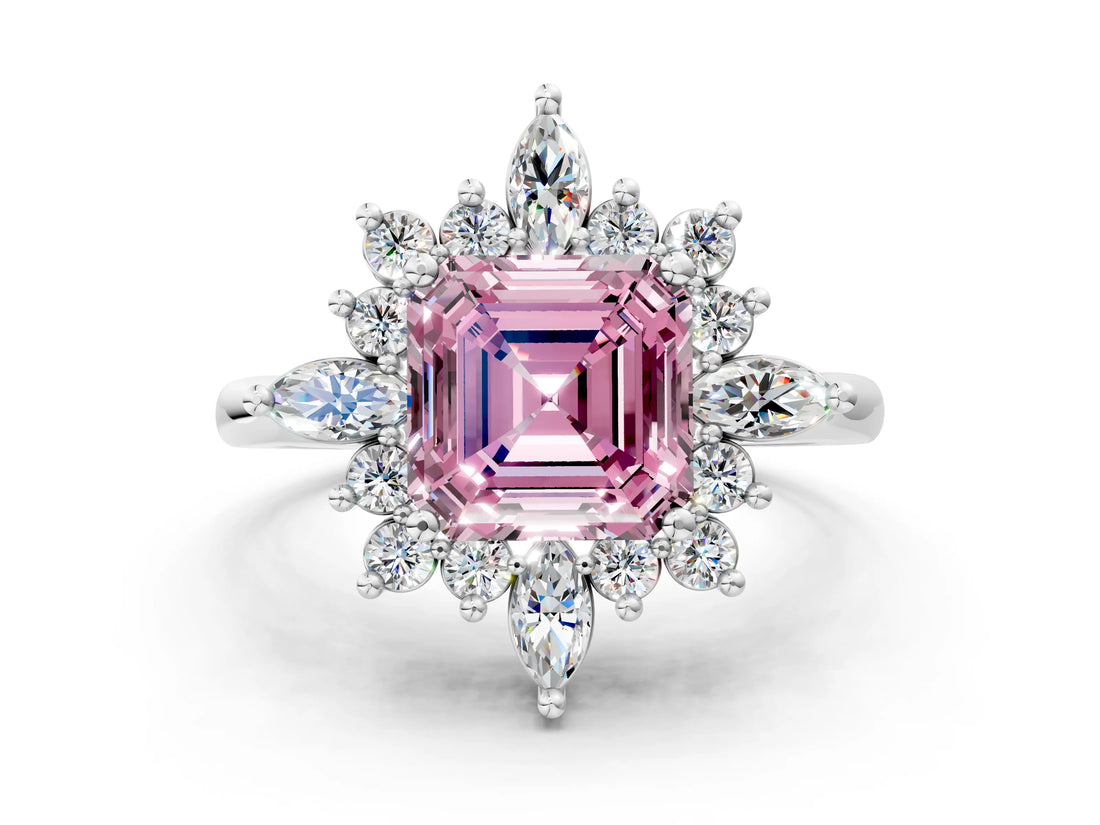 Platinum Fancy Pink Asscher Cut Halo Diamond Cluster Ring with Marquise and Round Stones on a White Gold Band with Prong Setting