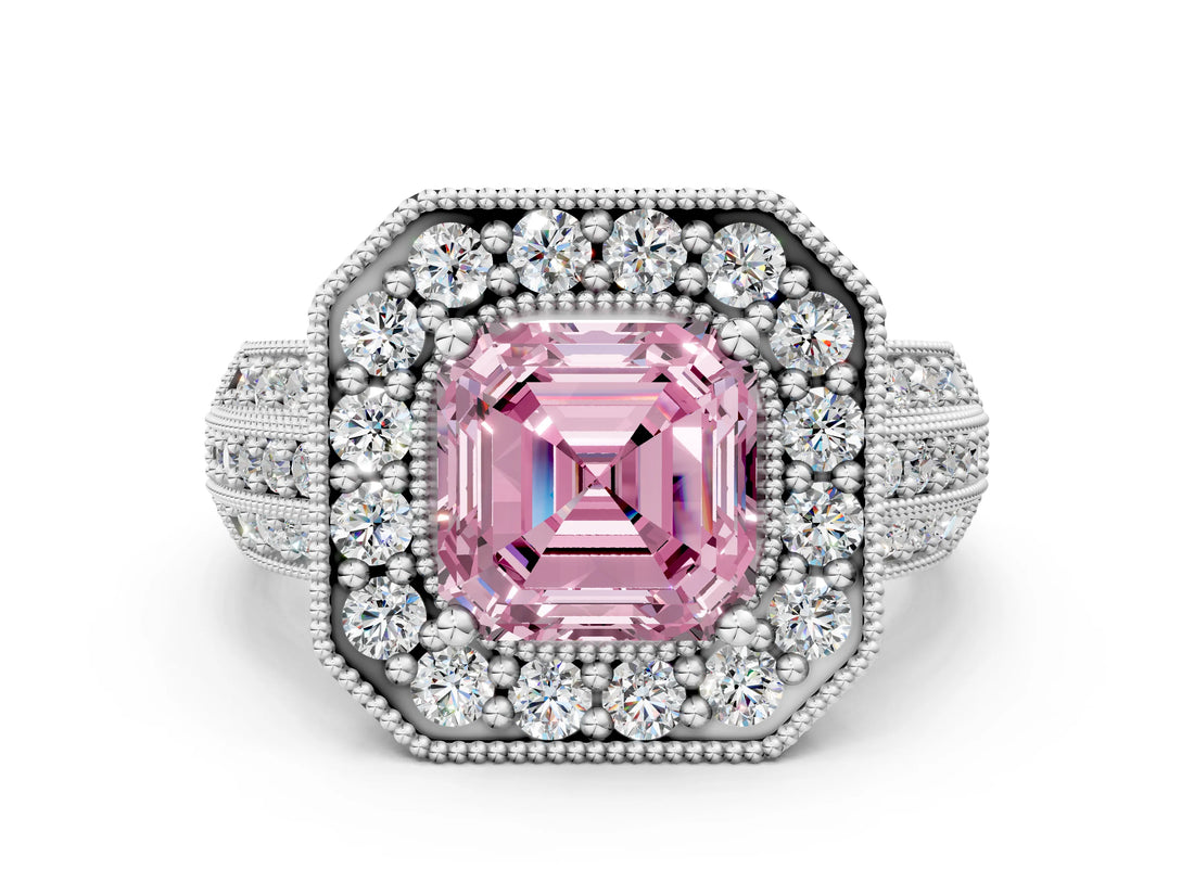Platinum Fancy Pink Asscher Cut Halo Diamond Engagement Ring with Pave Split Shank and Four-Prong Setting_36