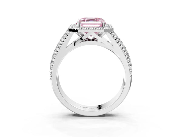 Platinum Asscher Cut Beaded Halo Engagement Ring Setting for Fancy Pink Center with Pave