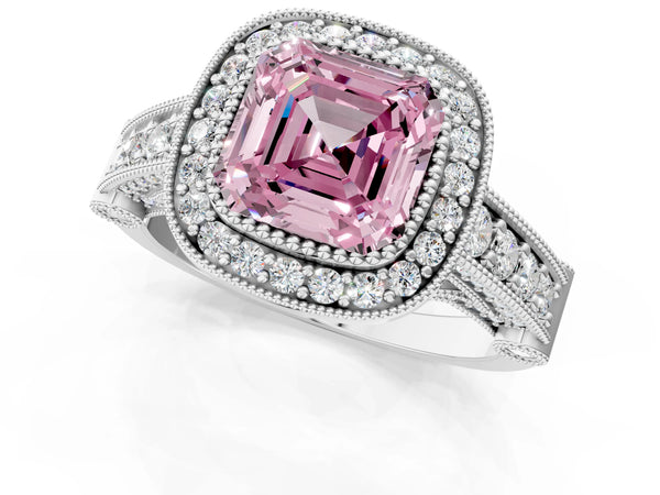 Platinum Asscher Cut Vintage Bezel Halo Engagement Ring Setting for Fancy Pink Center