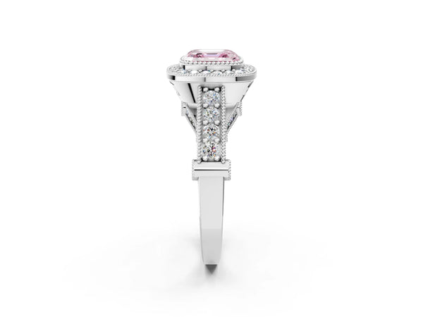 Platinum Asscher Cut Vintage Bezel Halo Engagement Ring Setting for Fancy Pink Center