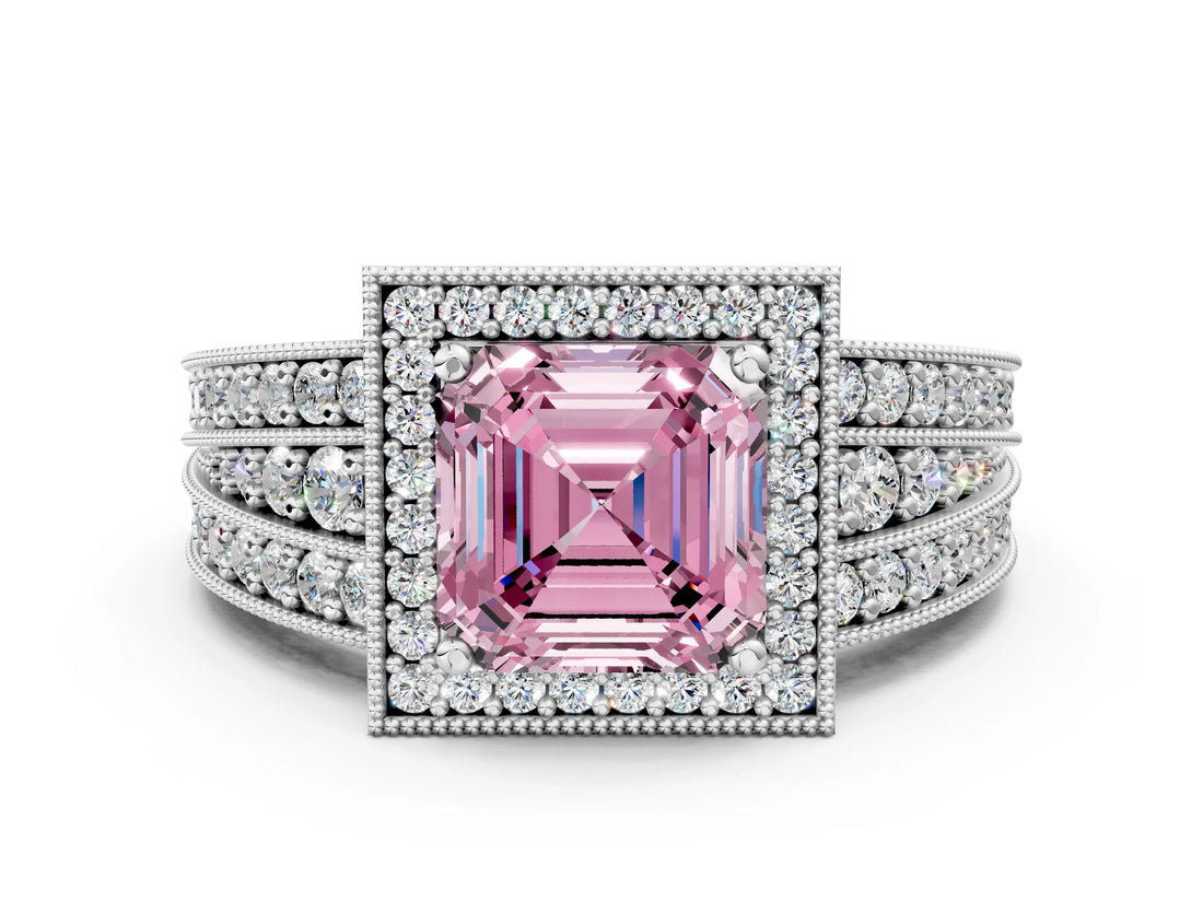 Platinum Fancy Pink Asscher Cut Halo Diamond Split Shank Ring with Prong Setting_6
