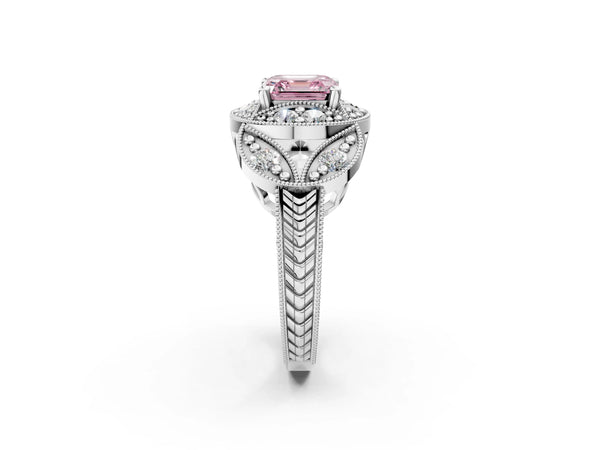 Platinum Fancy Pink Asscher Cut Halo Milgrain Diamond Engagement Ring with Leaf Band and Four-Prong Setting