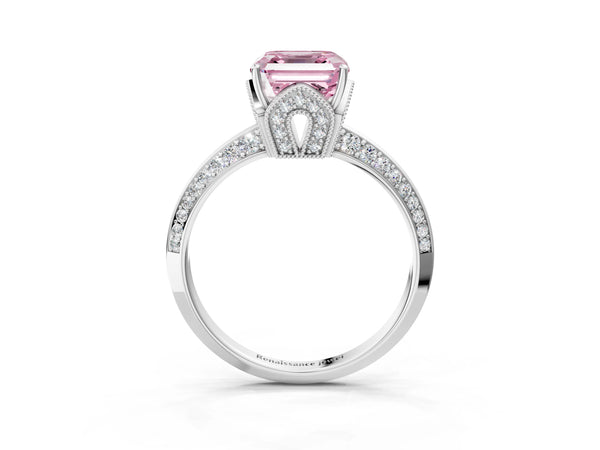 Platinum Asscher Cut Graduated Pave Engagement Ring Setting for Fancy Pink Center