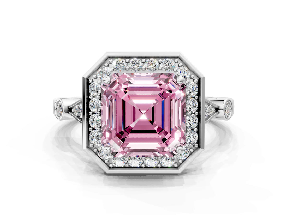Platinum Fancy Pink Asscher  Halo Diamond Engagement Ring with Twisted Band and Four-Prong Setting 1