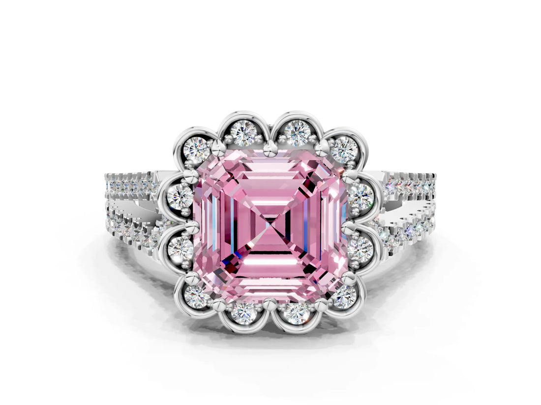 Platinum Fancy Pink Asscher  Halo Diamond Floral Split Shank Engagement Ring 1