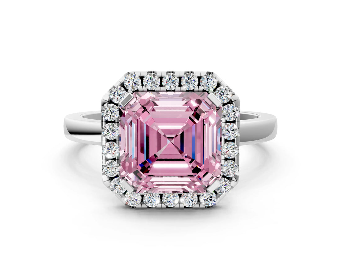 Platinum Fancy Pink Asscher  Halo Diamond Solitaire with Pavé Band and Four-Prong Setting_12
