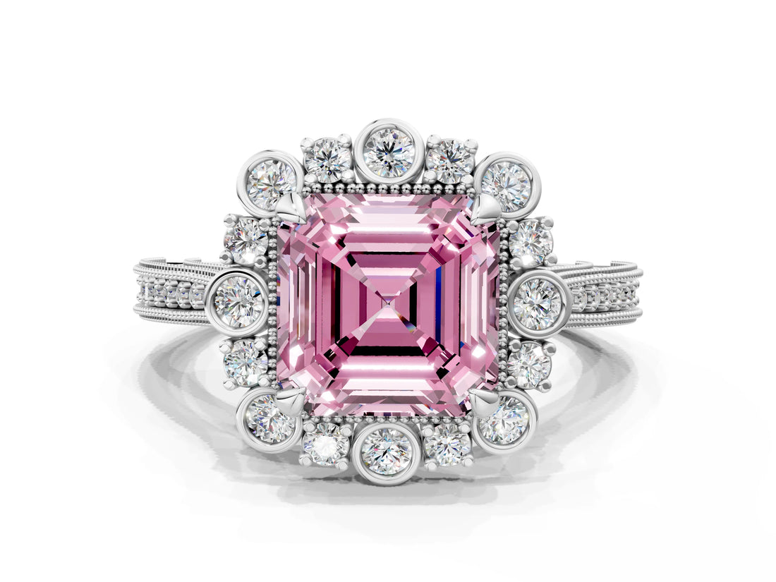 Platinum Fancy Pink Asscher  Halo Milgrain Pave Diamond Ring with Four-Prong Setting