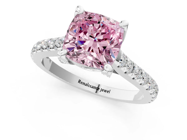 Platinum Fancy Pink Cushion  Brilliant Diamond Solitaire with Pavé Band and Four-Prong Setting